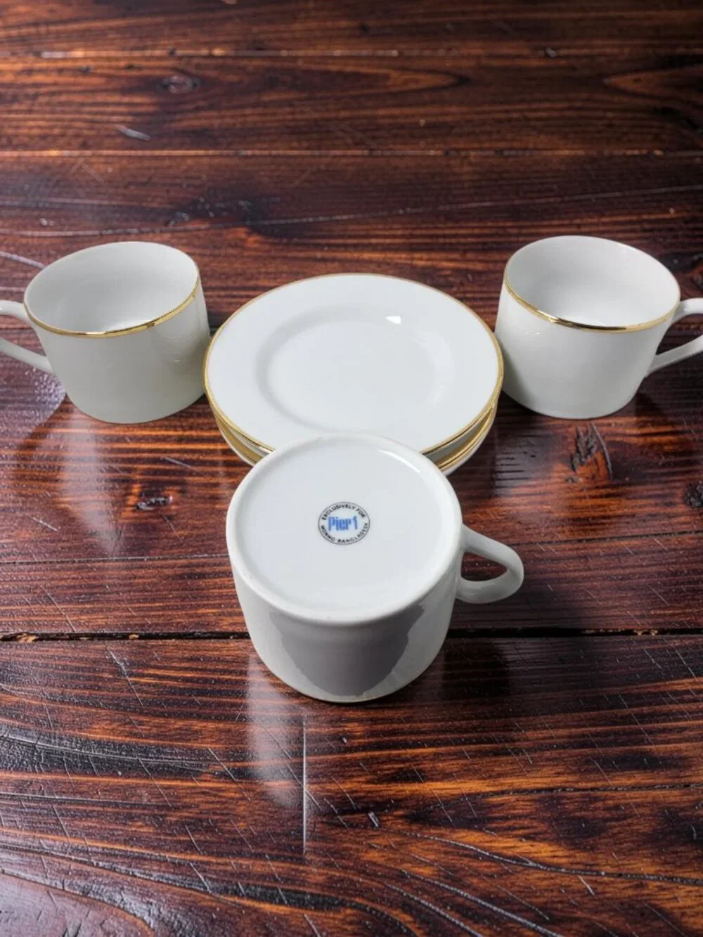 Vintage Set of 3 Pier 1 Gold Trim 8oz Porcelain Coffee Cups and Saucers